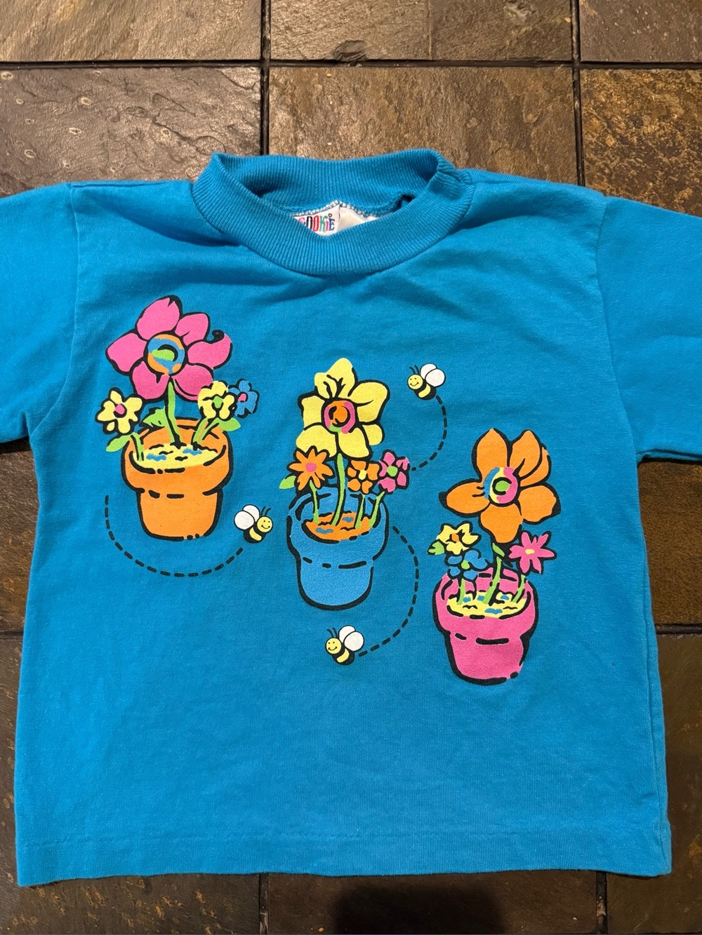 Vintage 1990s, USA made Turquoise Short-Sleeve Tee with Colorful Potted Flowers